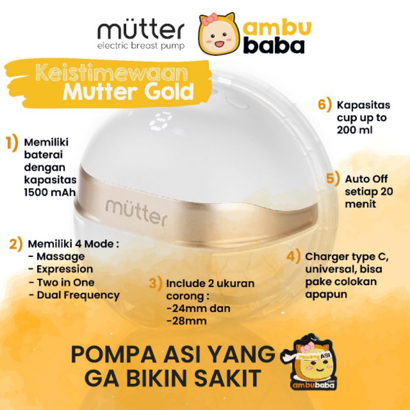 Mutter Gold Handsfree Wearable Breast Pump Pompa ASI Elektrik Hands Free Rechargeable