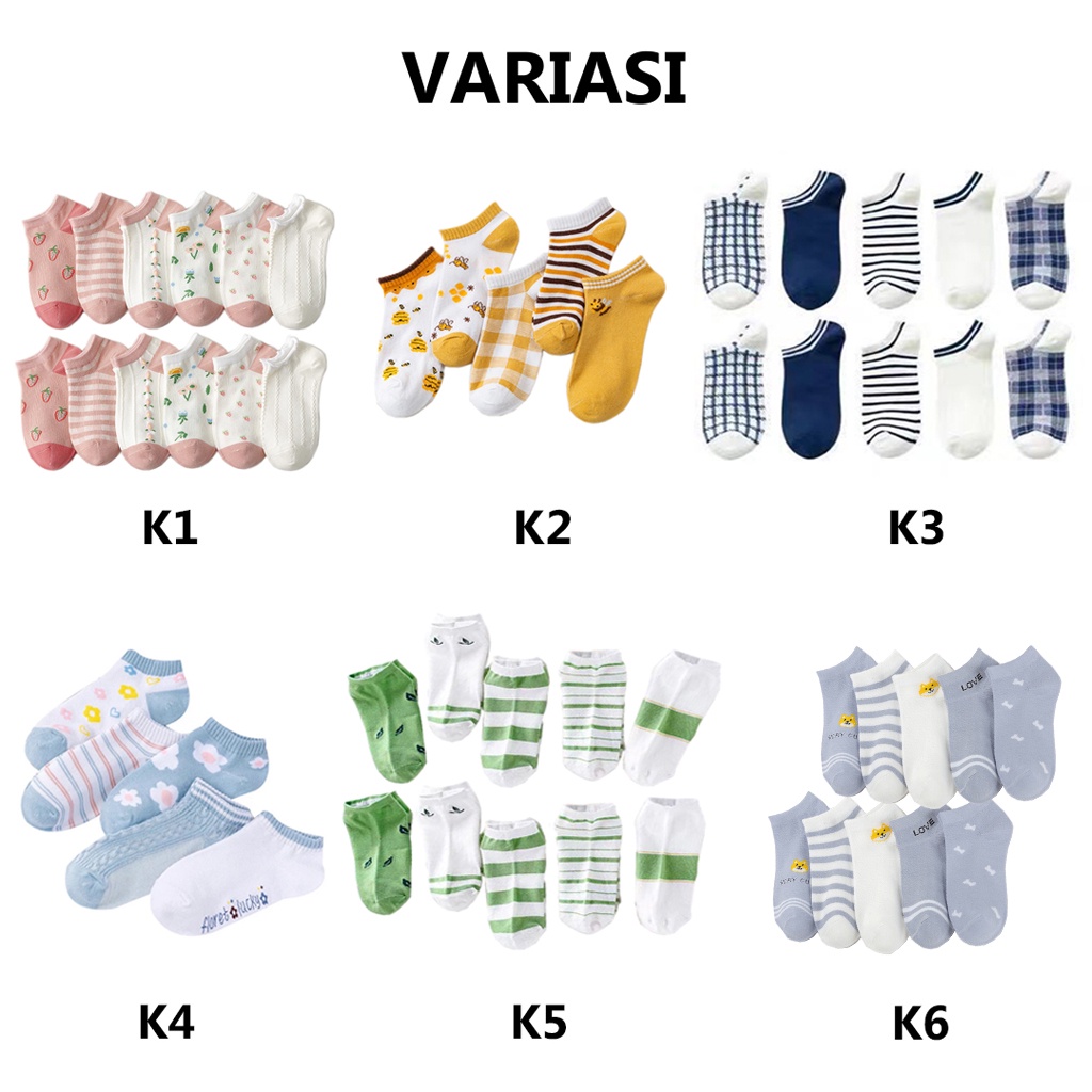 ⭐Gogoland⭐ Kaos Kaki Wanita Fashion Motif Strawberry Bunga Lebah Bee Kotak Biru Navy  Bunga Biru Green Leaf  Polos Pattern Garis Kaoskaki Pendek Korea Sock Import KK001-006-1