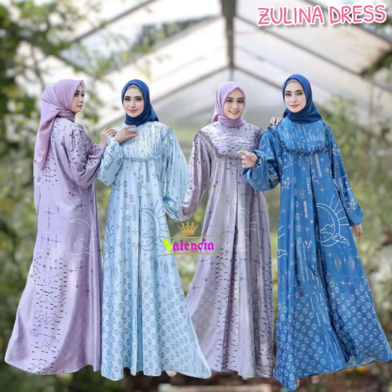 Zulina Dress - Gamis Terbaru Maxmara Silk Premium Dress Wanita Lengan Panjang Balon Karet Maxi Dress Kekinian LD 110 cm