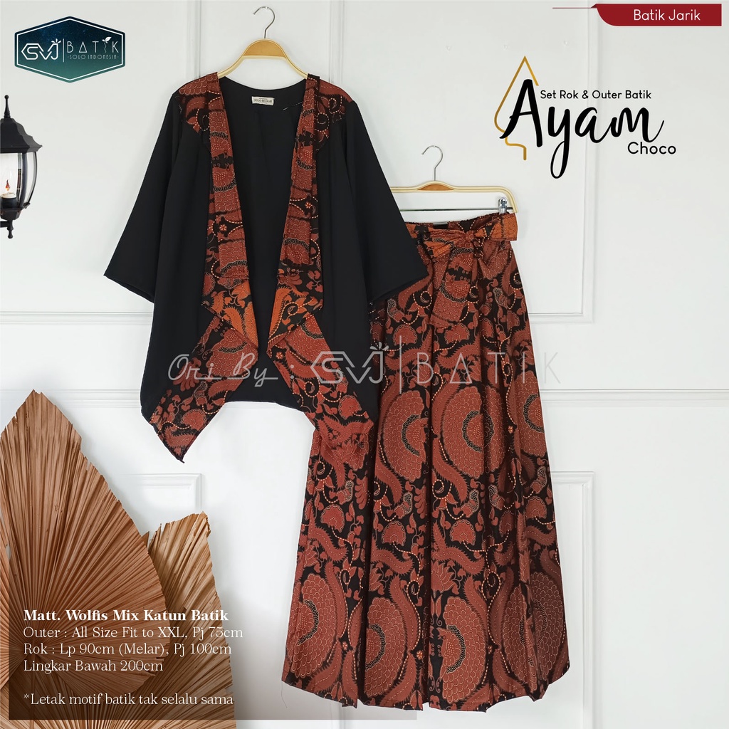 BATIK SET WANITA OUTER BLOUSE CARDI DAN ROK MOTIF BATIK PARANG ASRI PARANGNATA PUTIH NARAYA ORI SVJ 