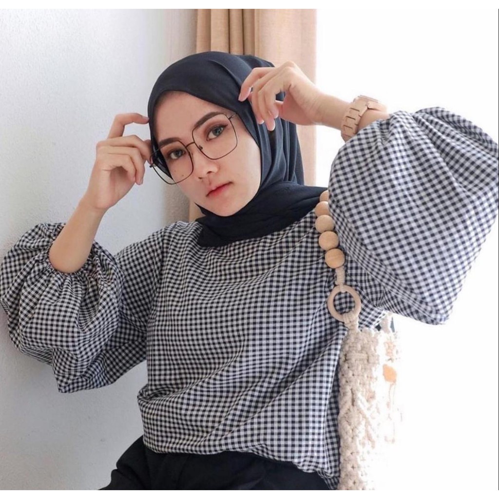 1KG MUAT 6PCS | BALONA BLACK AND WHITE TARTAN TOP BASIC MARY BLOUSE HITS SELEBGRAM FASHION