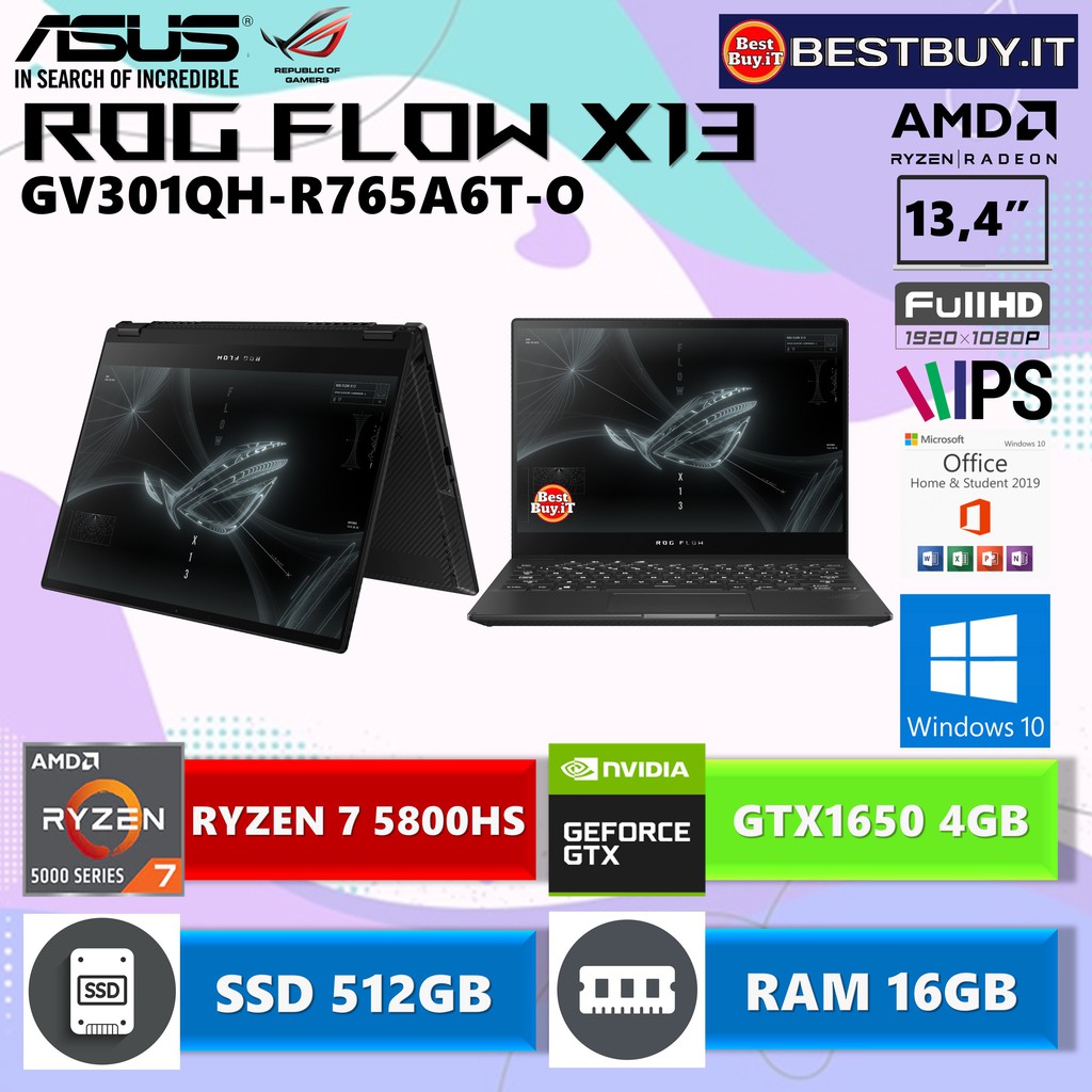 ASUS ROG FlOW X13 GV301QH R7-5800HS 16GB 512GB GTX1650 13.4" W10 OHS