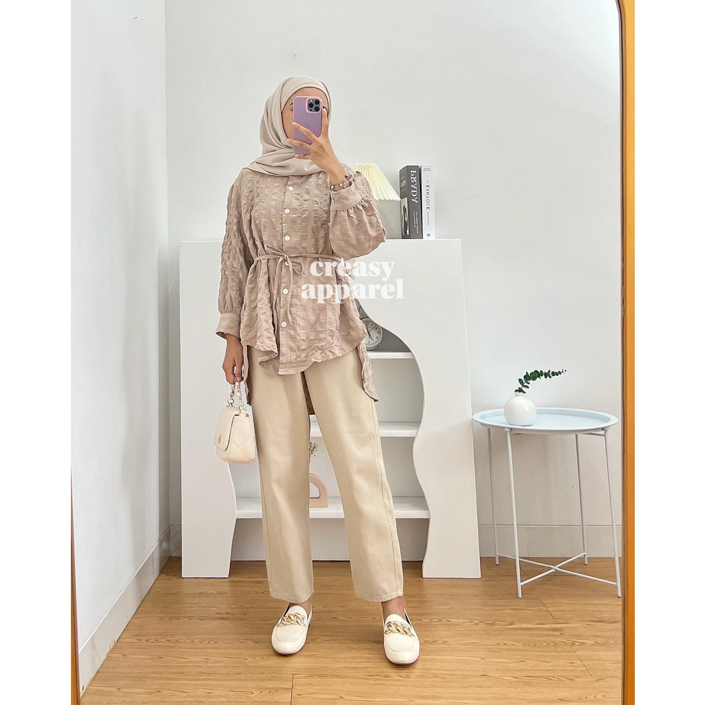 Rafan Crinkle Tunic / Kemeja Tunic Crinkle Oversize Wanita - Crinkle Shirt - Atasan Wanita Lengan Pa