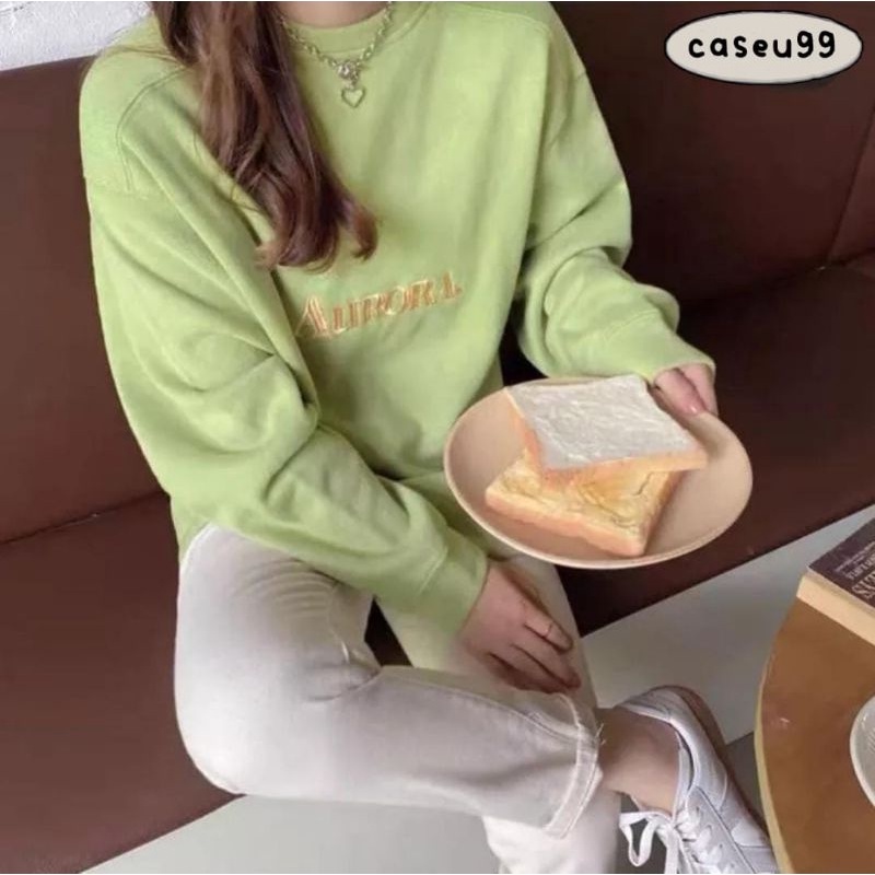 sweater Aurora hijau melon green cewek kue Harajuku// crewneck sweetshirt wanita perempuan cewe bahan fleece// sweater distro viral// Women Man Sweatshirts Loose Oversize Pullover