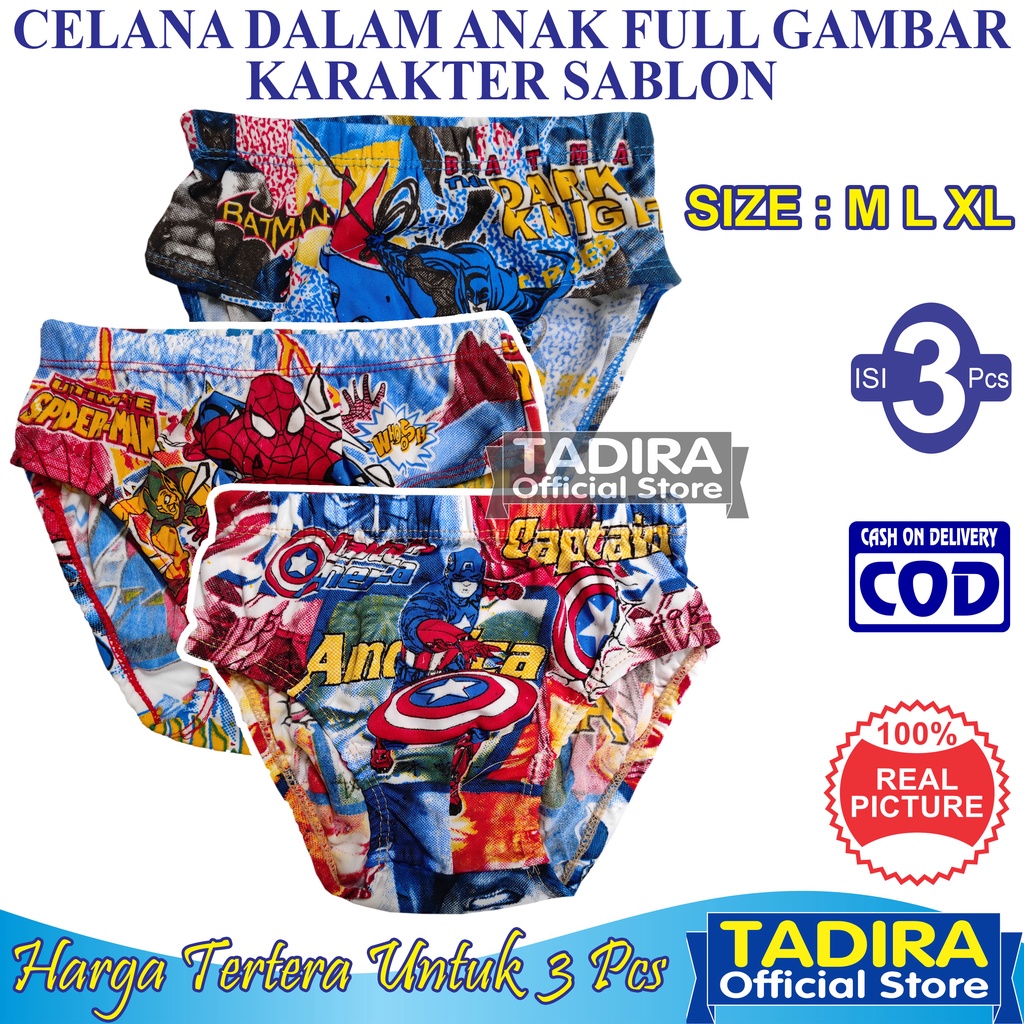 3 Pcs Celana Dalam Anak Laki Laki Fullprint Gambar Karakter Sablon CD Anak Cowok 2 Sampai 9 Tahun TADIRA