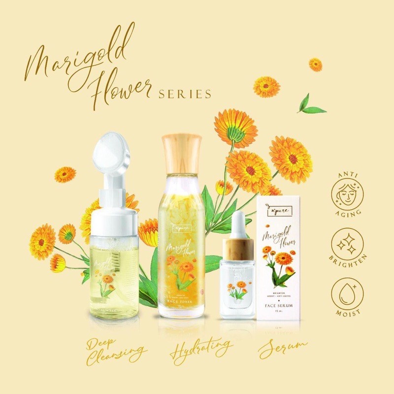 NPURE Indonesia / Facial Wash Cleanser Face Primer Essence Toner Serum Ampoule Day Night Eye Cream Moisturizer Sunscreen Sheet Clay Mask Masker Clear Pad Soothing Body Lotion / Marigold Cica Centella Asiatica Noni Probiotics Acne Spf Foam Paket Lengkap