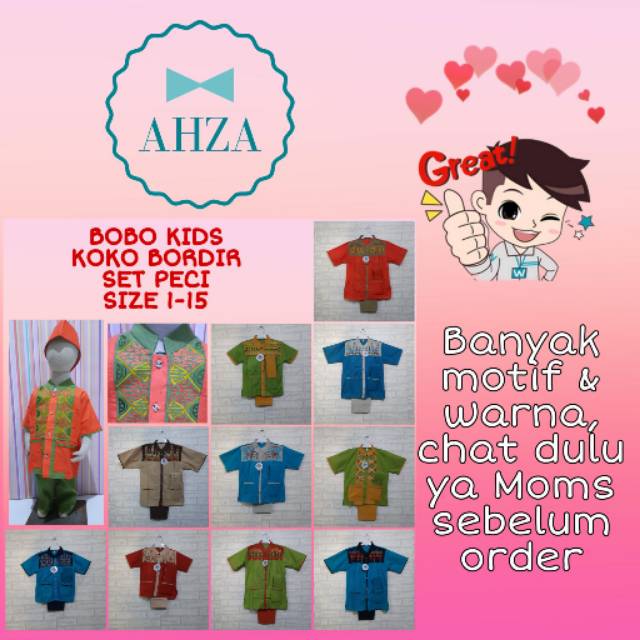 AHZA BAJU KOKO BOBO KIDS BORDIR ANAK SET PECI SIZE 1-15