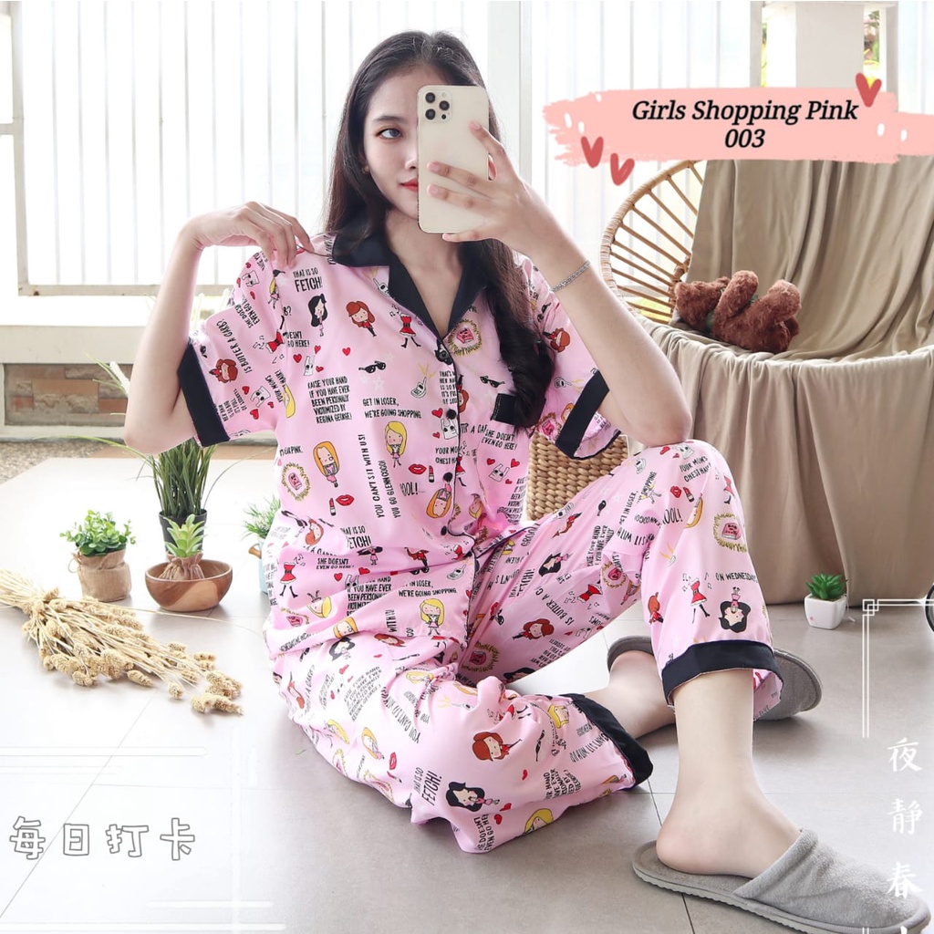 PIYAMA DEWASA PIYAMA WANITA CP LD 106 bunga stripe polkadot-girls shoping pink L