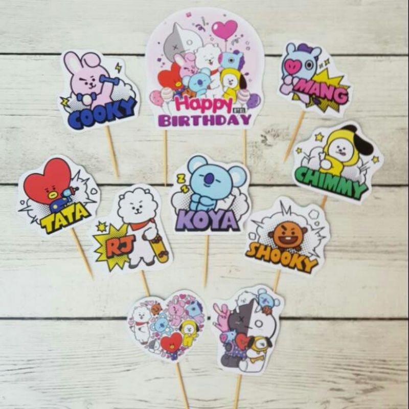 1 set topper toper hiasan kue cupcake cup cake nasi tumpeng ulang tahun happy birthday karakter bt21