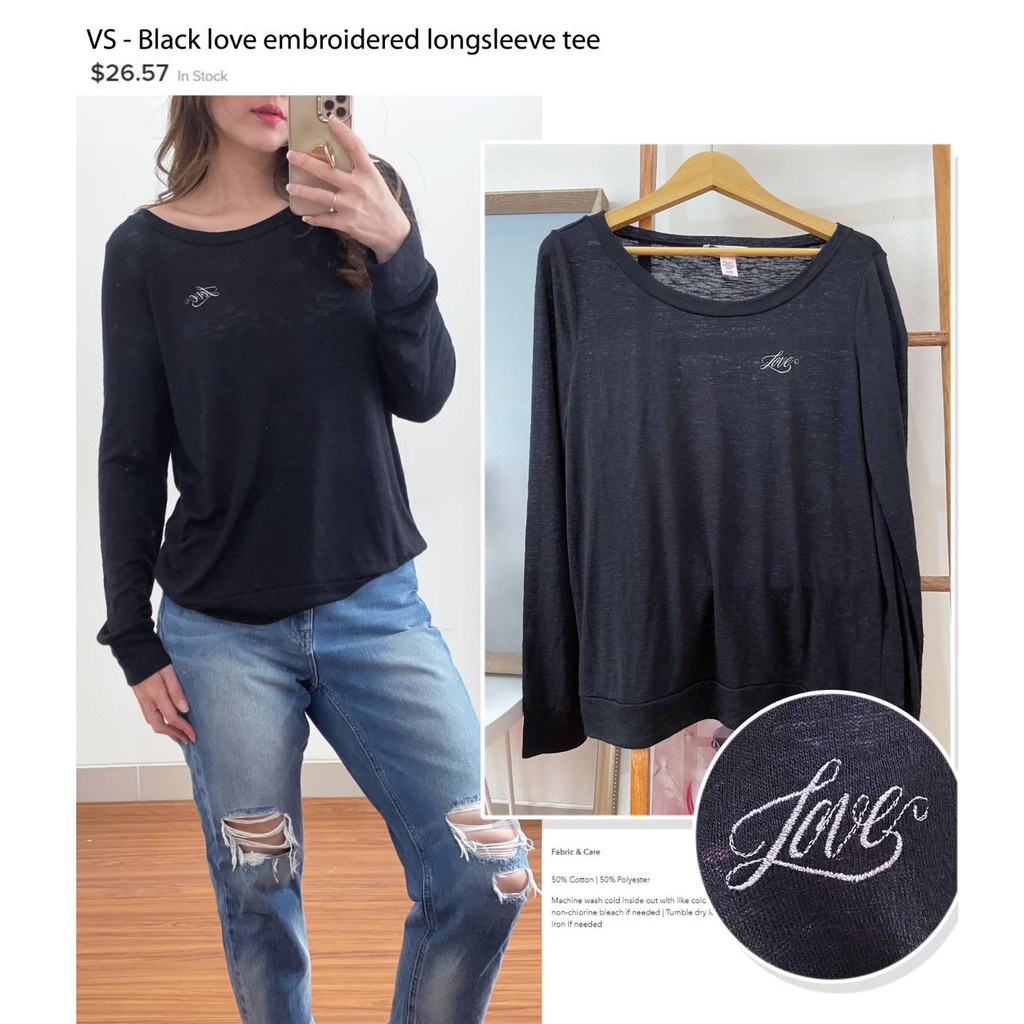 Victoria secret black grey embroidered longsleeve tee