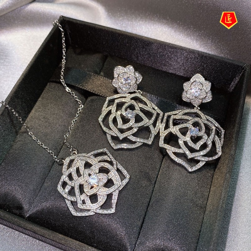 [Ready Stock]Hollow-out Exquisite Necklace Camellia Stud Earrings Ring Set