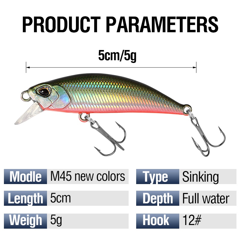 1pc Umpan Pancing Ikan Minnow 3D Bahan ABS Ukuran 5cm / 5g Dengan 2 Kail Treble