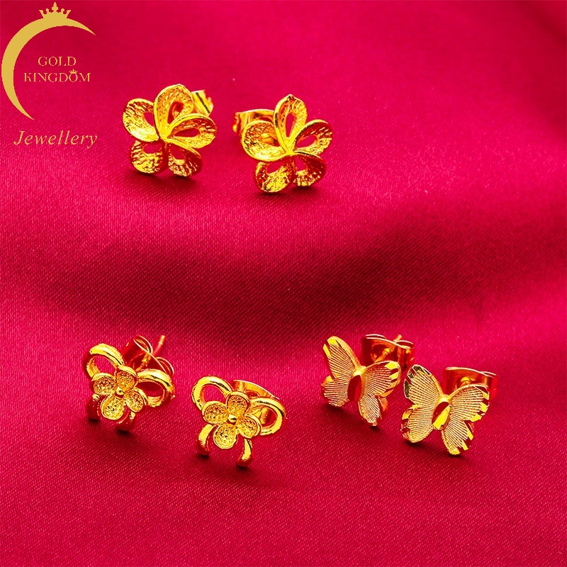 Anting Stud Emas Asli Kadar 375 Desain Bunga Kupu-Kupu Kecil Gaya Korea Untuk Wanita