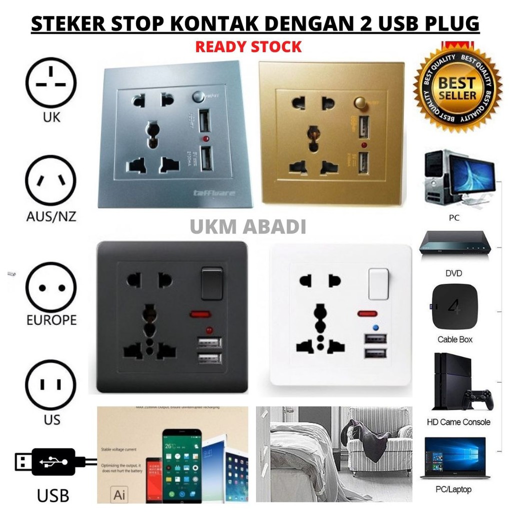 Steker Colokan Listrik Delviz Stop Kontak Universal UK EU US 2 Port USB With ON Off 111107