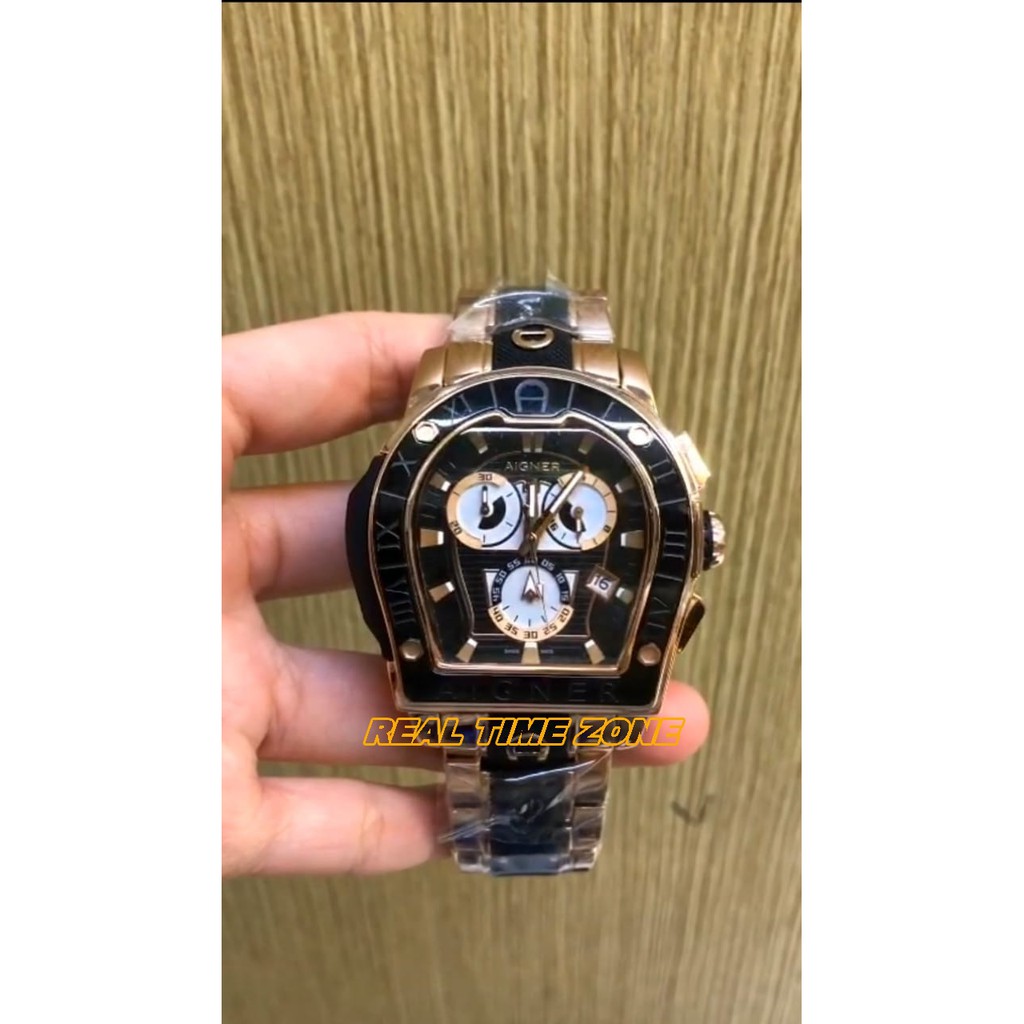 JAM TANGAN REAL AIGNER ROMA PRIA FULL BLACK ROSEGOLD 45MM BATERAI SAFIR DIAL GARANSI 1TH