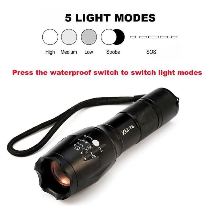 PAKET Senter LED Tactical CREE XM-L2 8000L Aluminium 5 MODE Kedip