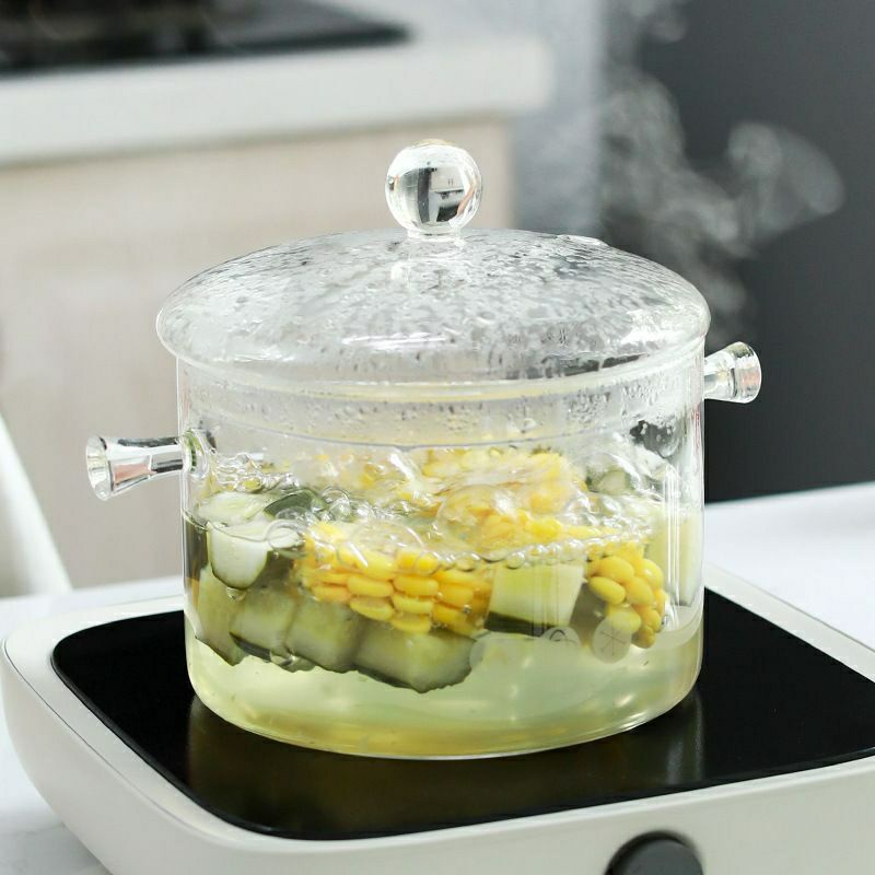 Glass Cooking soup pot borosilicate / Panci Sayur Aesthetic  / panci Kaca Soup Anti Panas dan Api