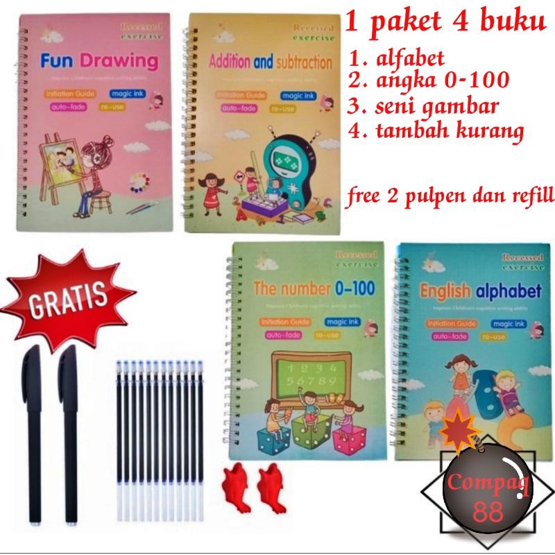 1 set 4 Buku New versi Bahasa Inggris Buku Magic Pratice Book Buku Panduan Belajar Menulis