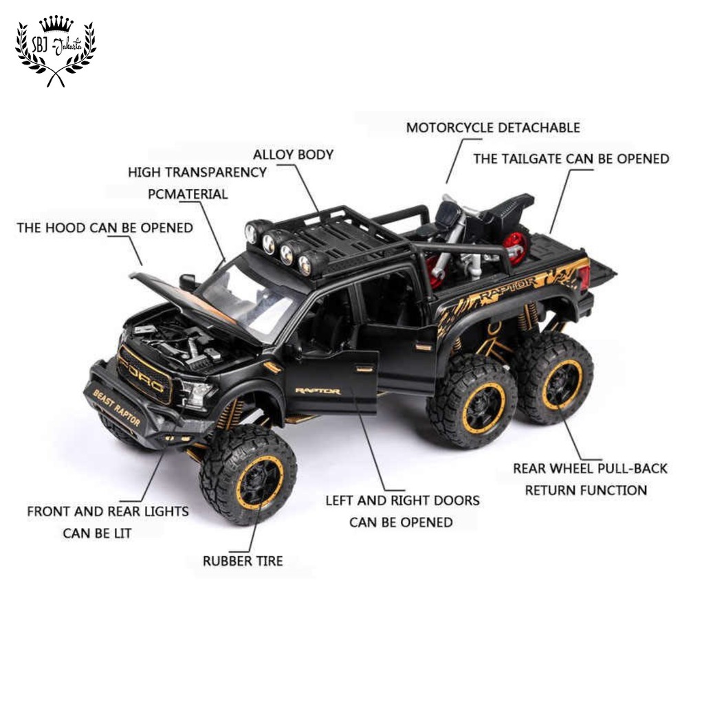 Diecast miniatur mobil Ford Raptor 6 Ban F150 6x6 Metal Series Skala 1:28