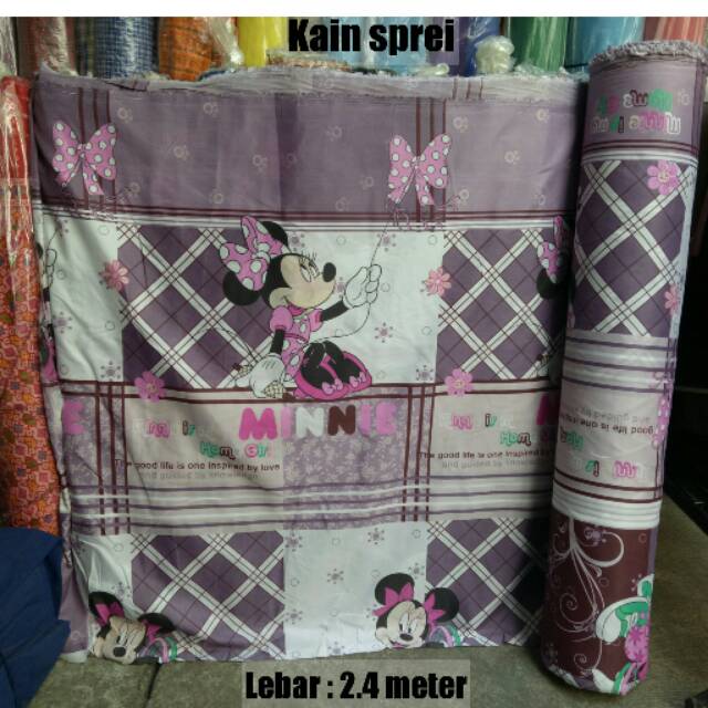 BAHAN KAIN SPREI MOTIF MICKEYMOUSE MICKEY MOUSE MINNIE ANAK UNGU / SPREI METERAN ANAK MURAH GULUNGAN