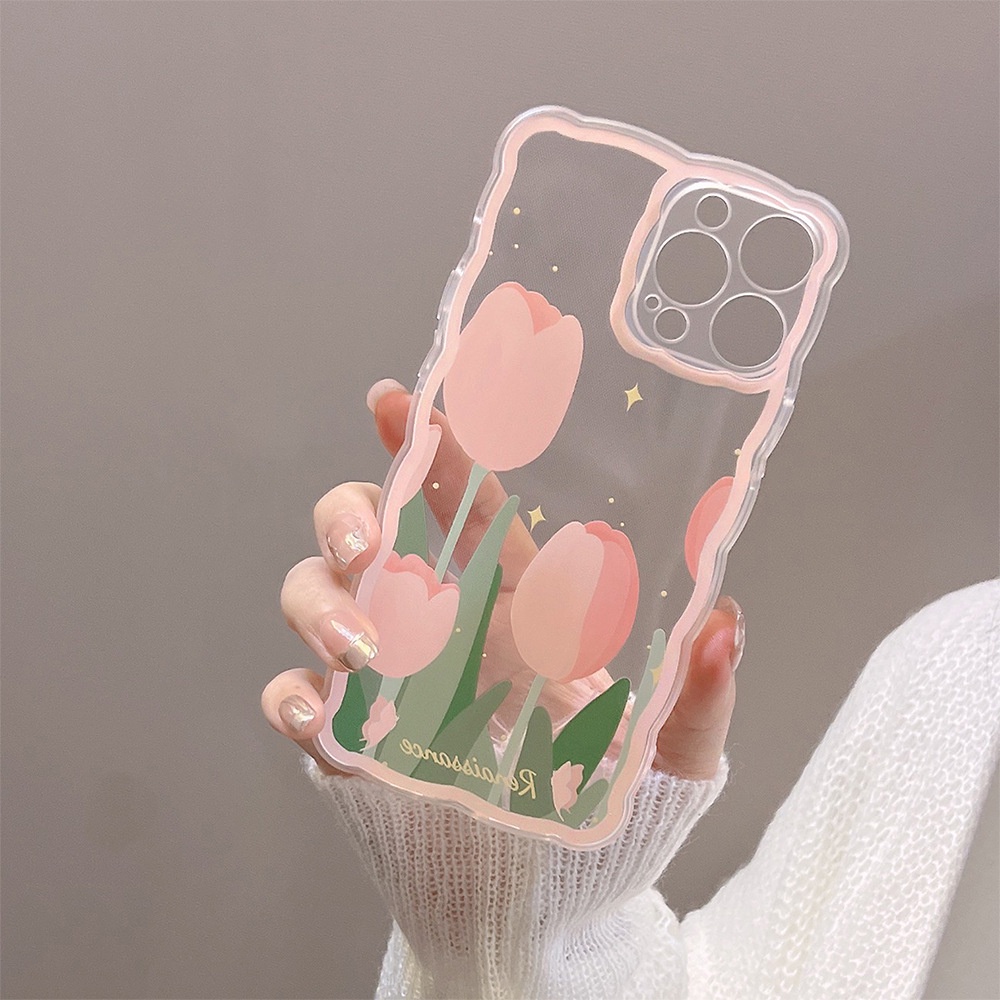 IPHONE Pink Tulip Bunga Bentuk Gelombang Transparan Manis Casing Pelindung Ponsel Cover Untuk Iphone7 8 PLUS X XR XS 11 12 13 14 MINI PRO MAX SE 2020