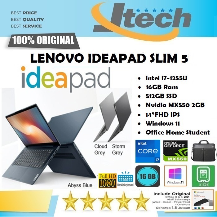 LENOVO IDEAPAD SLIM 5i - i7-1255U - 16GB - 512GB SSD - MX550 2GB -  BACKLIT KB - 14'FHD IPS - WIN11 - OFFICE HOME STUDENT