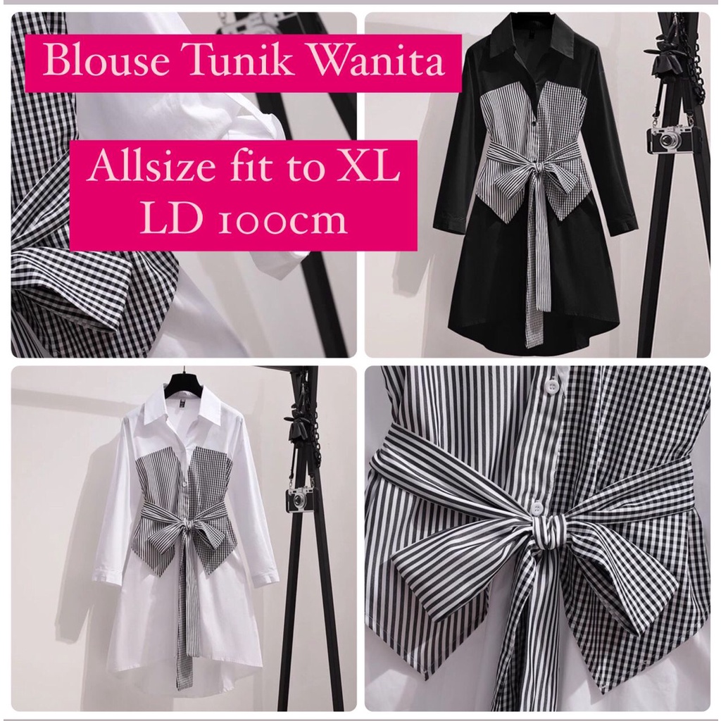 MS Blouse Kemeja Wanita Putih Long Hem Hitam Cewek Baju Formal Casual Model Korea Kombinasi Kotak da