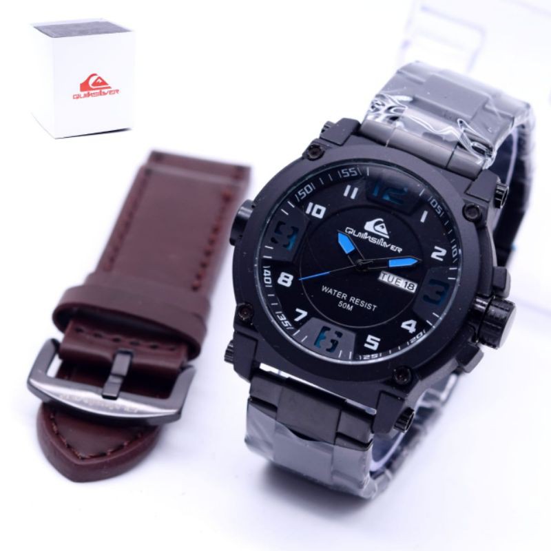 Jam Tangan Pria QUIKSILVER 4.8mm Tangal & Hari Aktif Rantai Steel Free Box Ori & Tali Kulit