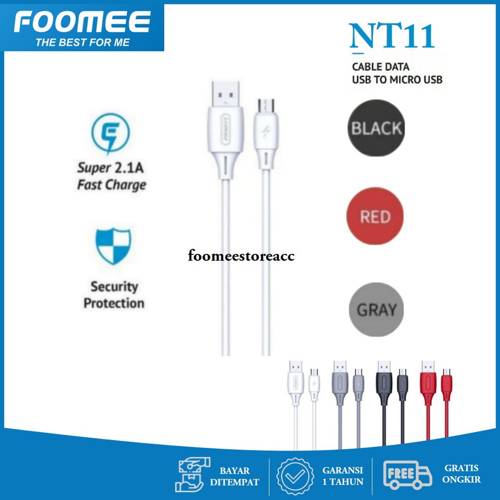 Kabel Data Toples Foomee NT11 Cable Charger Casan Micro USB 1 meter Fast Charging Garansi Charge