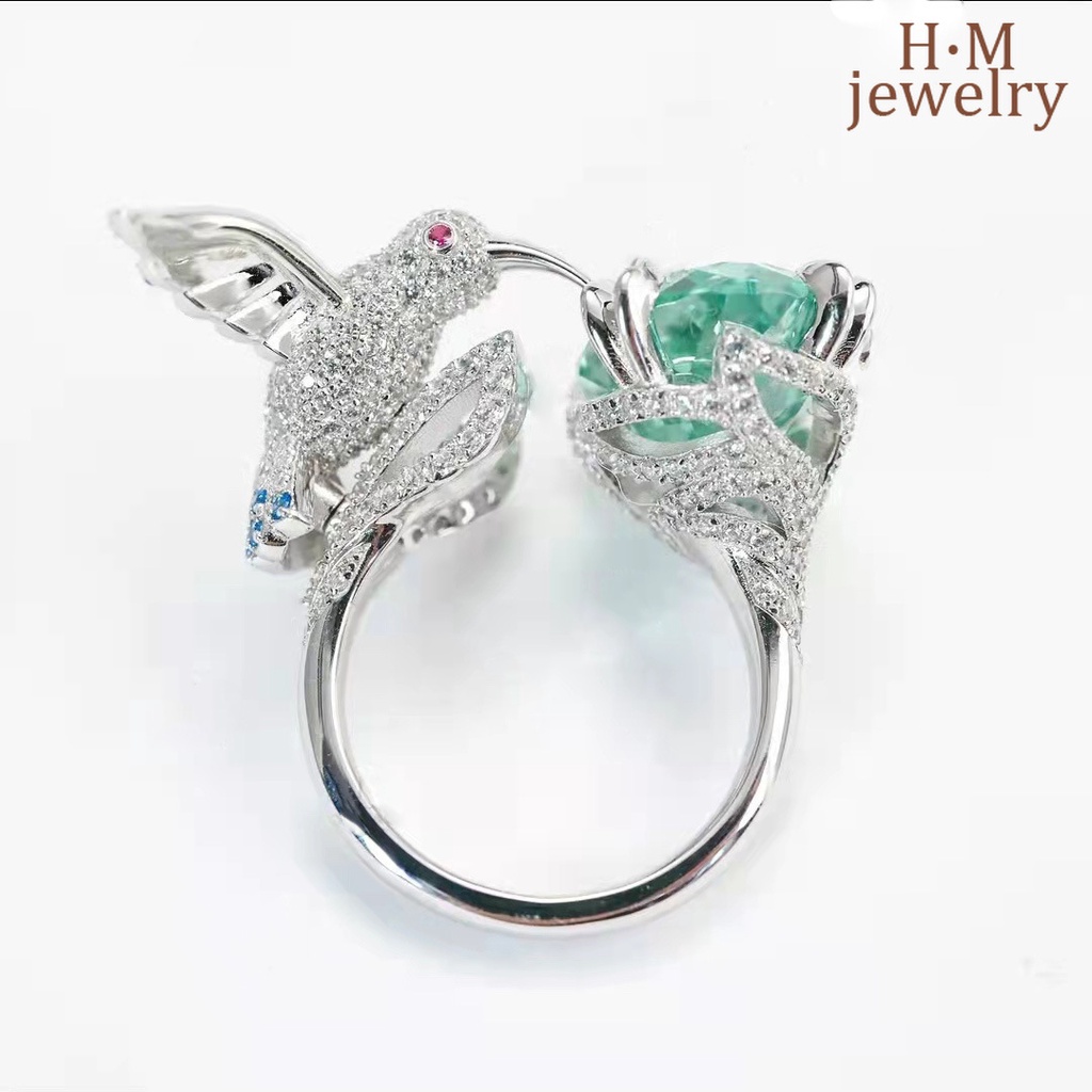 Cincin Model Terbuka Desain Burung Kolibri Warna Aquamarine