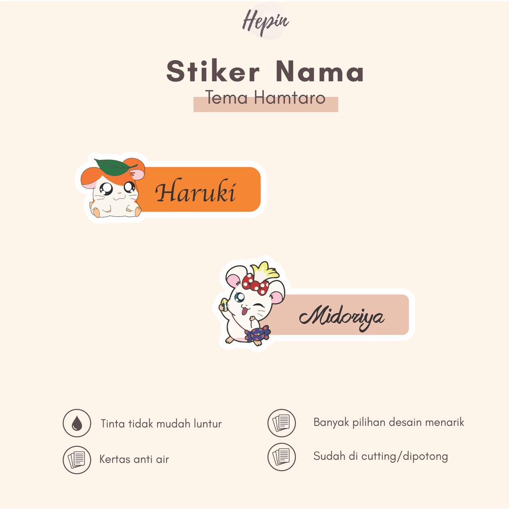 

(90 - 120 pcs) Stiker nama lucu HAMTARO / Stiker Nama Anak Murah / Label Nama waterproff