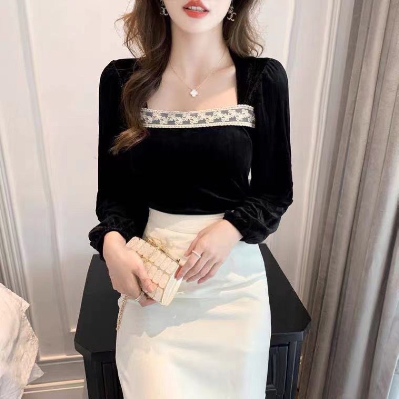 H7 B1378 Korean velvet top variasi brukat leher kotak / Atasan lengan panjang