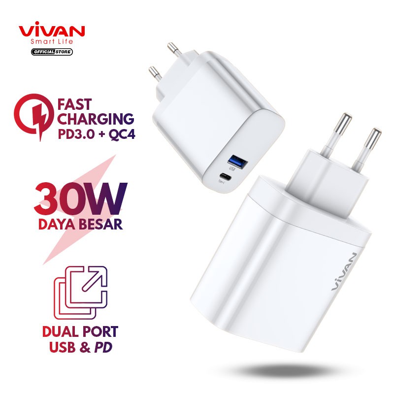 VIVAN Charger Fast Charging Power Turbo 30 5A QC4 + Type-C Port with 6 Smart Protection garansi