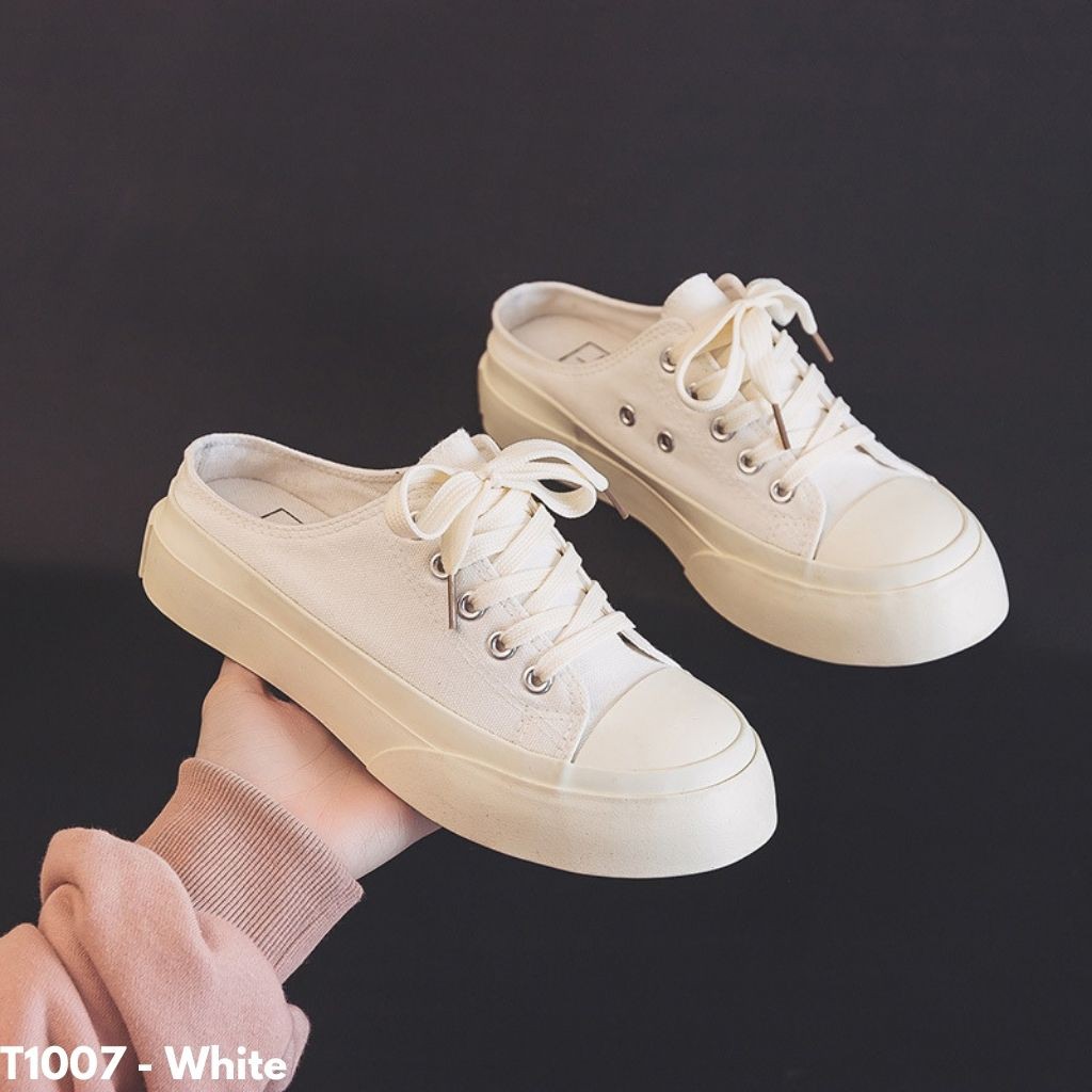 SEPATU SNEAKERS TINGGI WANITA SLOP IMPORT KANVAS SOLE KARET HITAM PUTIH NYAMAN LEMBUT T1007 TERBARU