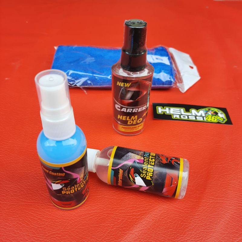 Pembersih Helm dengan Efek Daun Talas - Paket Semi Coating Water Shield Parfum Kain Microfiber