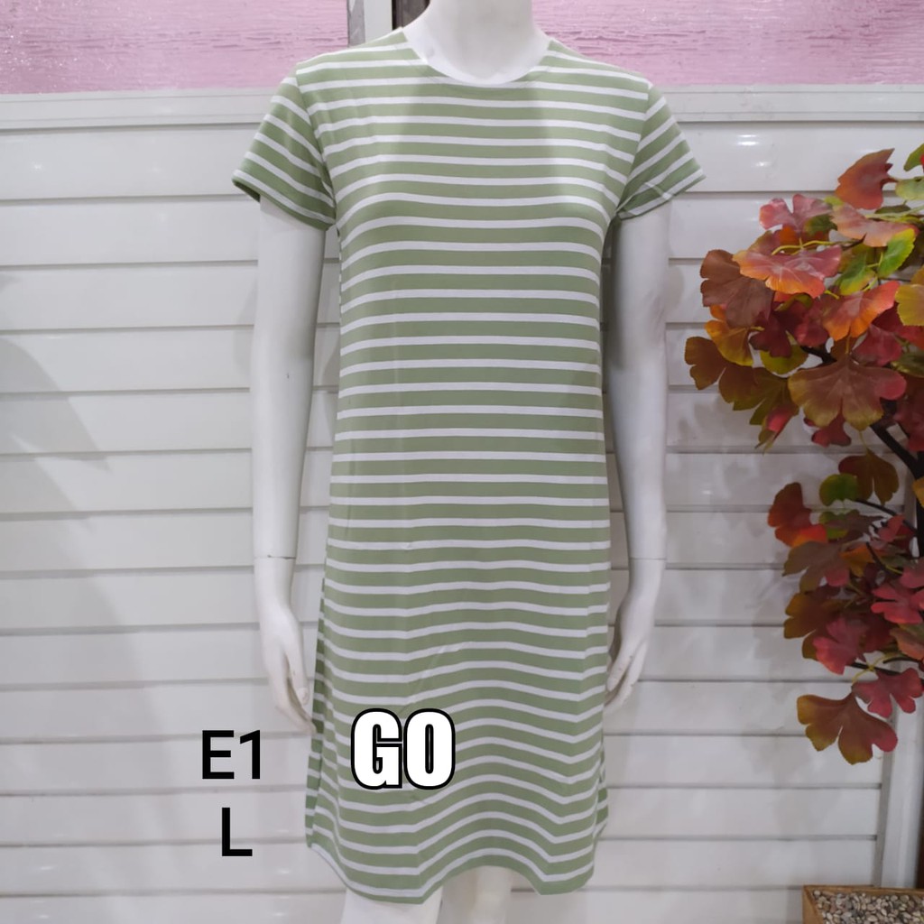 gof DS LMN DRESS/DASTER Wanita Casual Motif Garis Salur Pakaian Perempuan Lengan Pendek