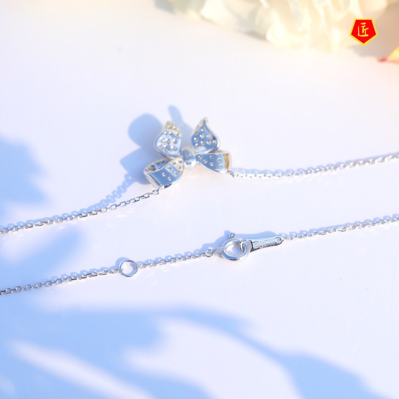 [Ready Stock]INS Style Bow Necklace Full Diamond Pendant Simple and Elegant