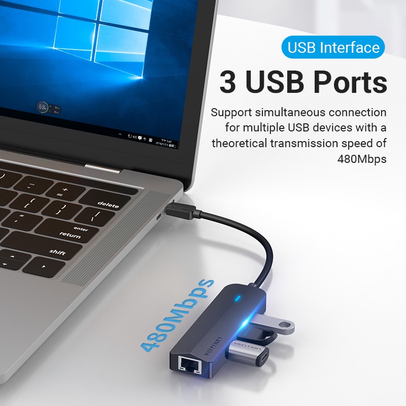 Vention USB Hub 2.0 Ethernet Adapter with Micro USB Power Input Type C