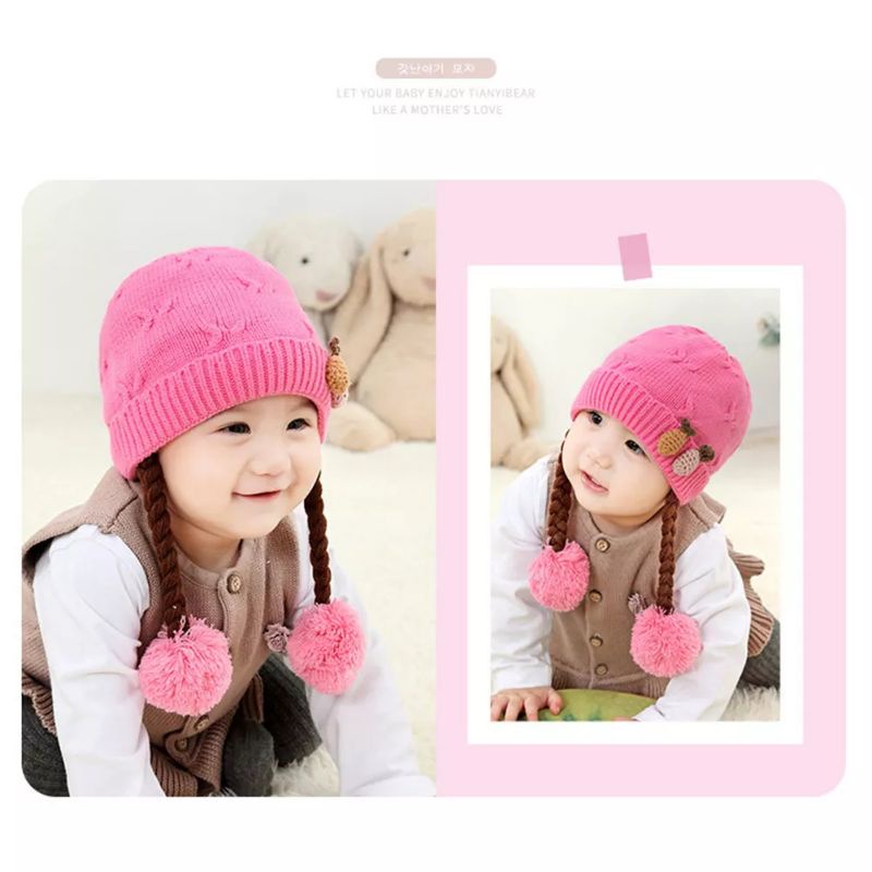 JF COLLECTION [Bordir Nama] Topi Kupluk Rajut Kepang Anak Bayi Perempuan Hiasan Nanas Rambut Kuncir-4
