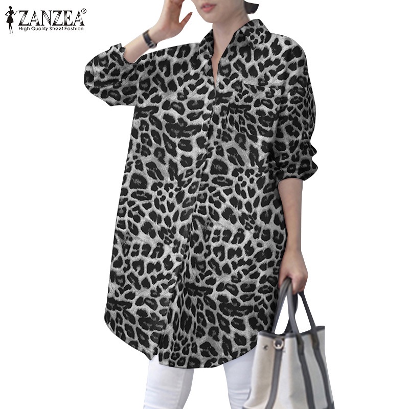 ZANZEA Women Casual Daily Turn-Down-Collar Leopard Printed  Long Sleeve Loose Blouse