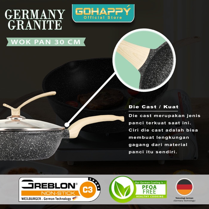 Germany Granite Wok Pan 30cm -Panci Penggorengan Greblon C3 Gohappy