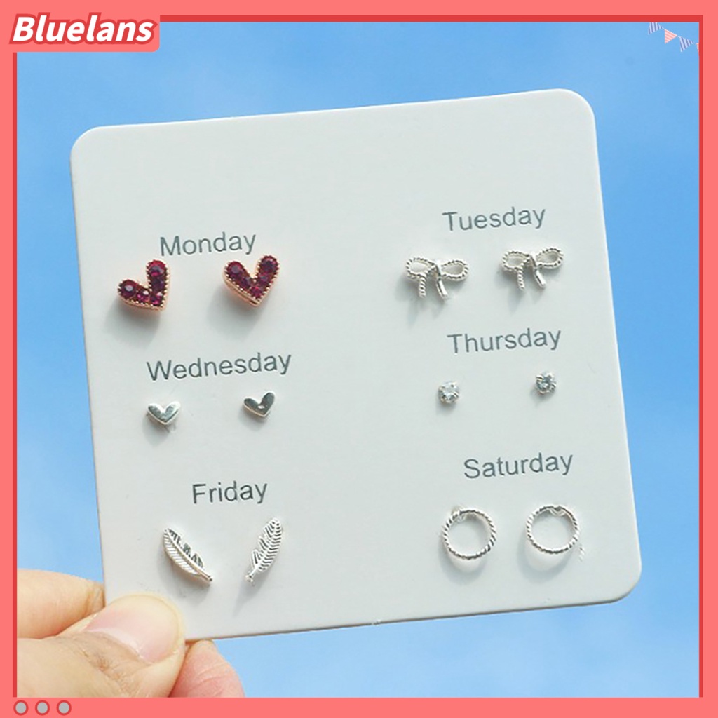 Bluelans 6 Pairs Women Fashion Heart Bowknot Feather Stud Earrings Ear Studs Jewelry Gift