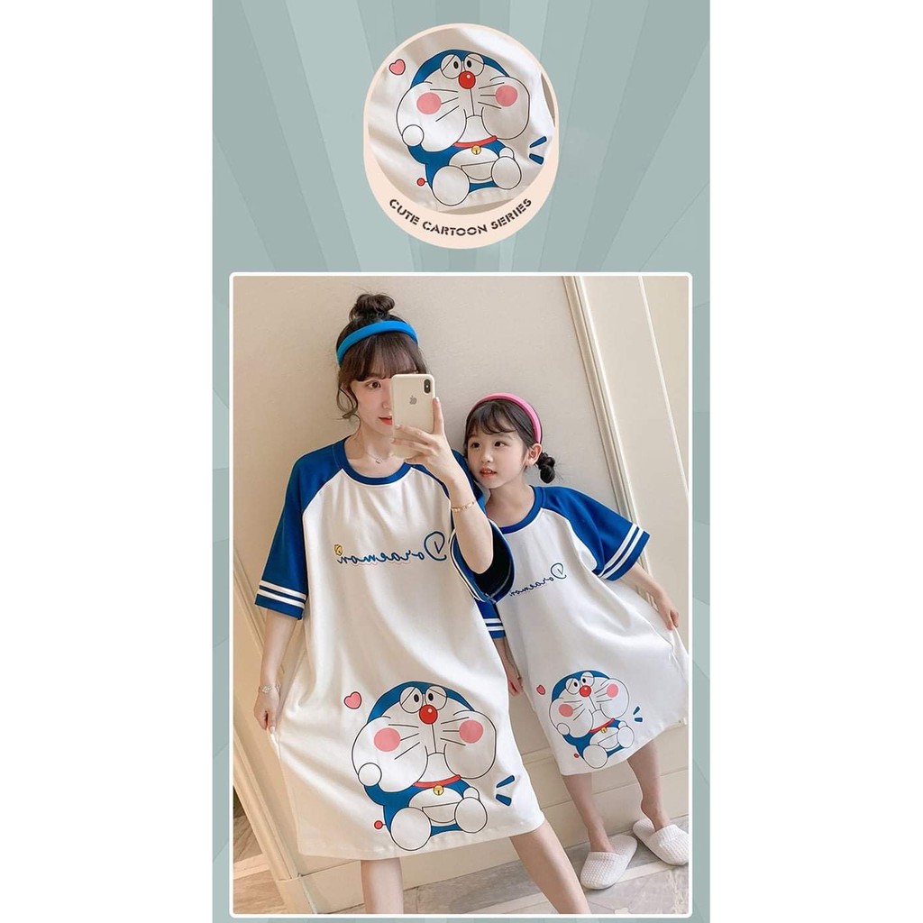 Baju tidur daster anak dan dewasa lengan pendek motif kembar doraemon