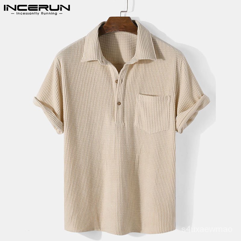INCERUN Men Vintage Corduroy Short Sleeve Lapel Collar Solid Color Fashion Shirts
