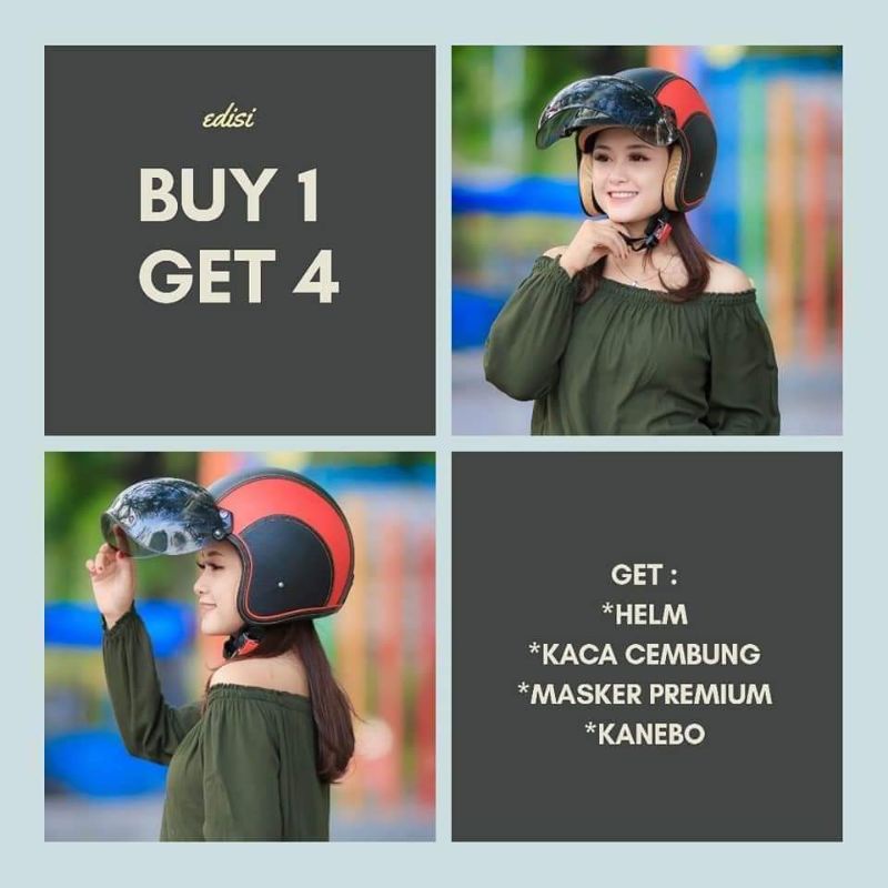 HELM BOGO Full Kulit Retro Klasik Motif Hitam Coklat Merah Kuning Cream Pink Biru Putih Hijau Ungu