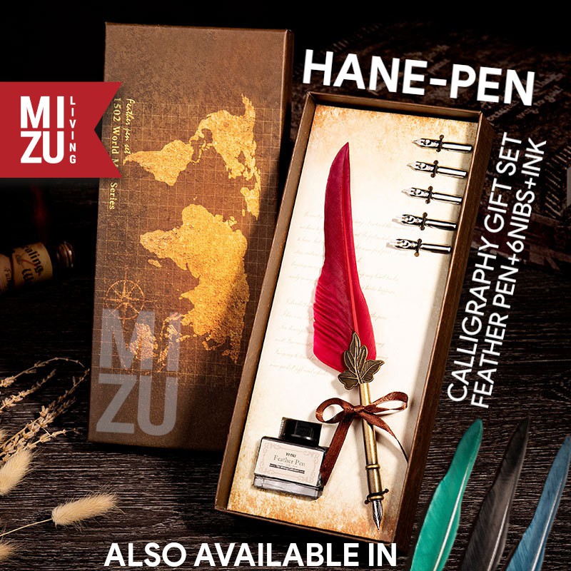 MIZU HANEPEN Calligraphy Set Kaligrafi Feather Quill Dip Pen Bulu 6 Steel Nibs 1 Ink Tinta