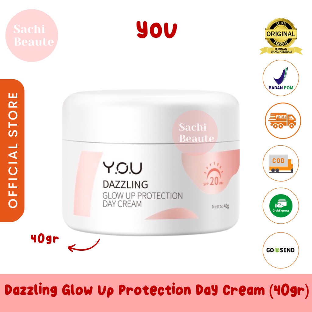 YOU Y.O.U Dazzling Glow Up Protection Day Cream 40 Gr | SPF 20 PA+ | Moisturizer Pelembab Krim Pagi Malam