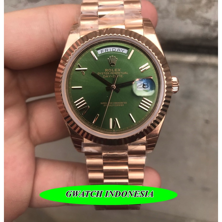 Flash Sale  Jam Tangan Pria Terbaru Merk Rolex Day Date Green Roman Dial Noob V2 3255 Stainless Stee