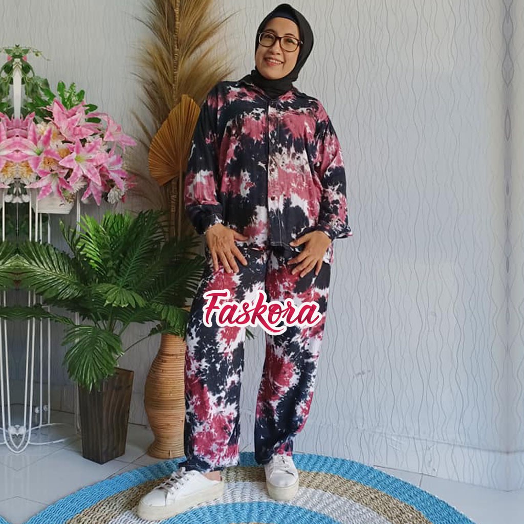 One Set Kemeja Tie dye Wanita Lengan Panjang / Piyama Rayon Jumbo Set Lengan Panjang