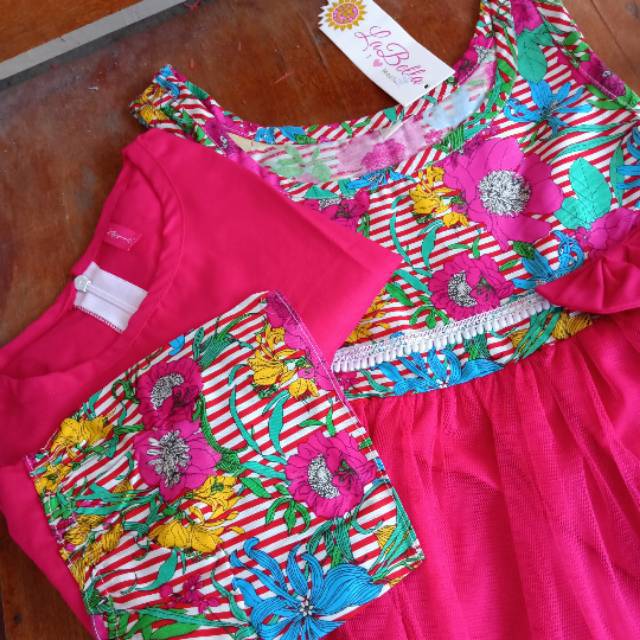 DRESS PESTA ANAK 5-6 TAHUN PINK FANTA STRIPE GARIS BUNGA KEMBANG TUTU TILE